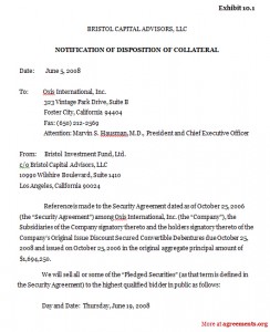 Notification of Disposition of Collateral Agreement