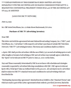 Purchase of NBC TV Advertising Agreement